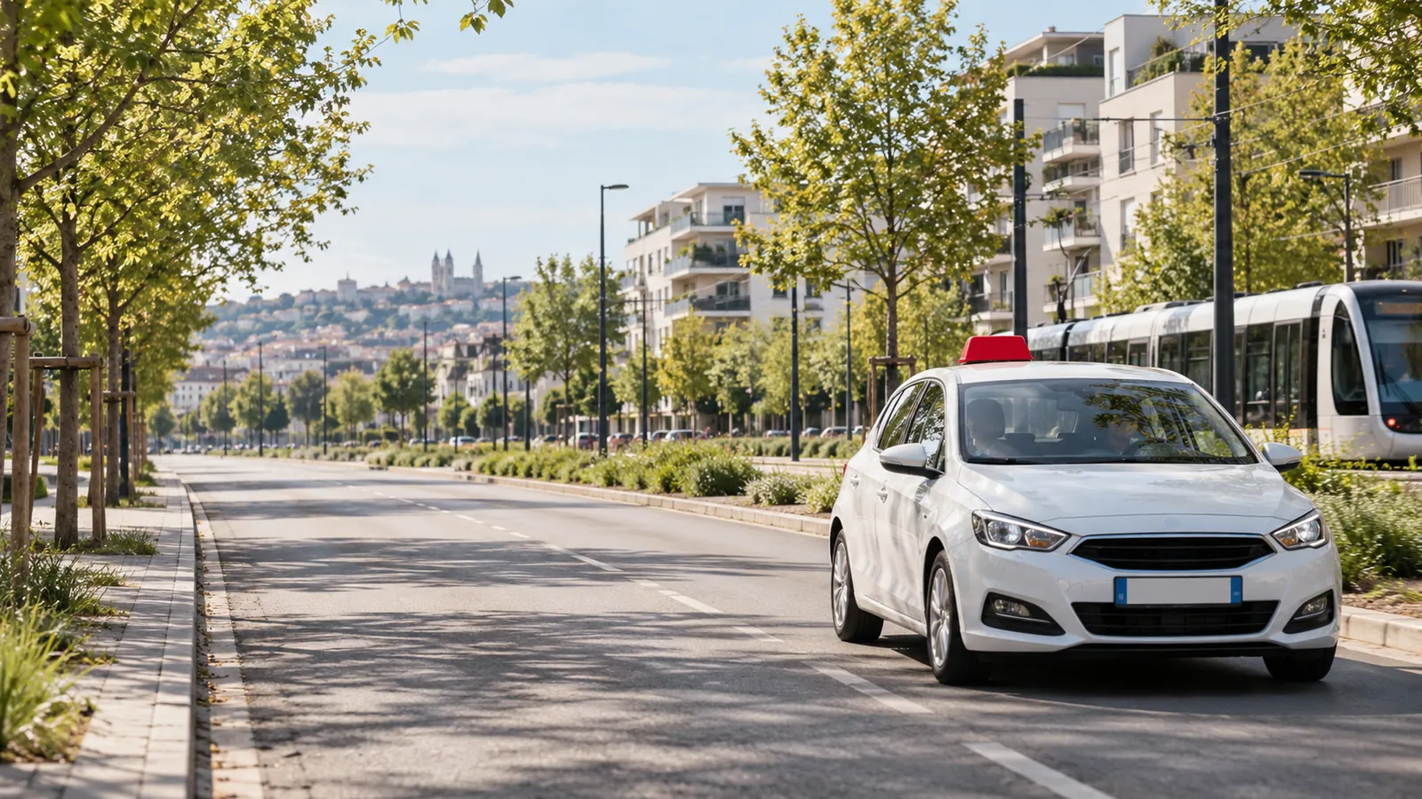 Voiture d'auto-école à double commande dans une rue arborée de Bron, panneau L sur le toit
